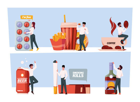 Various habits illustration showing pills, fast food, coffee, beer, cigarettes, and alcohol